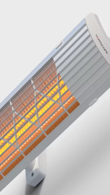 Heatscope Heaters Next 3000W Radiant Heater detail reveals white aluminium slimline electric infrared wall-mounted patio heater.