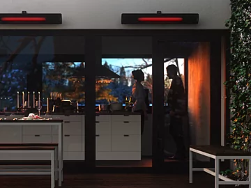 Heatscope Heaters Pure 3000W Radiant Heater detail CGI shows a slim wall‑mounted ceramic glass electric infrared panel.